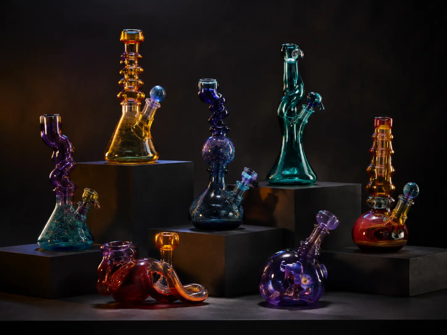 Conceptual gallery of colorful handblown glass forms; not live inventory