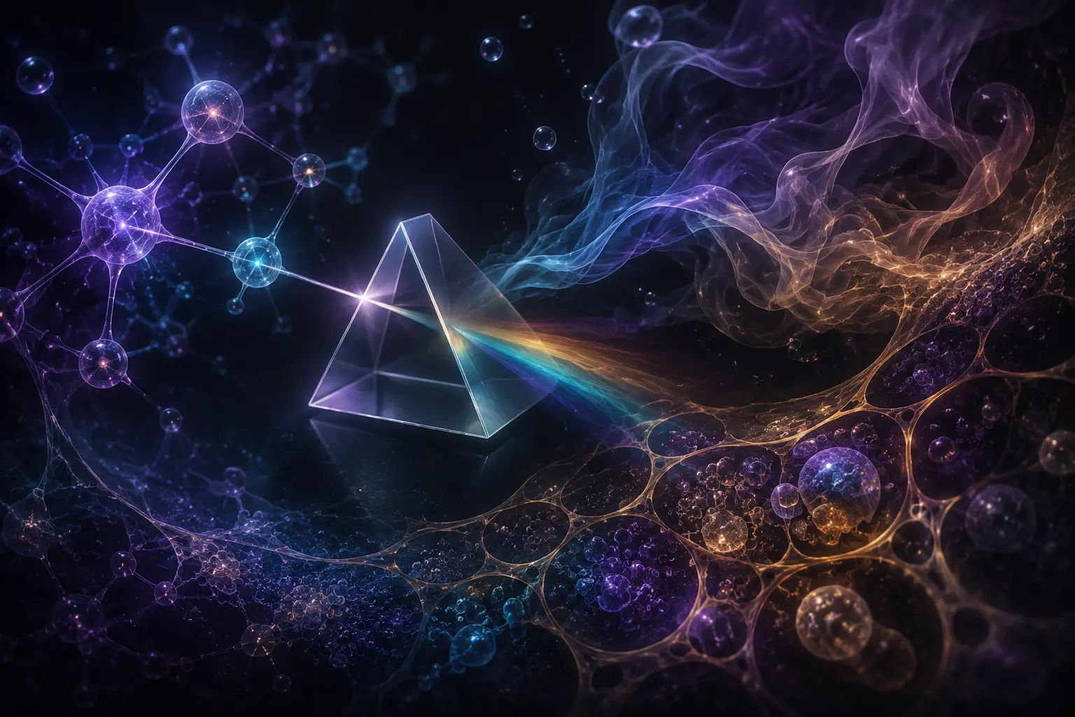 Conceptual illustration of molecular relationships, glass refraction, and vaporization science