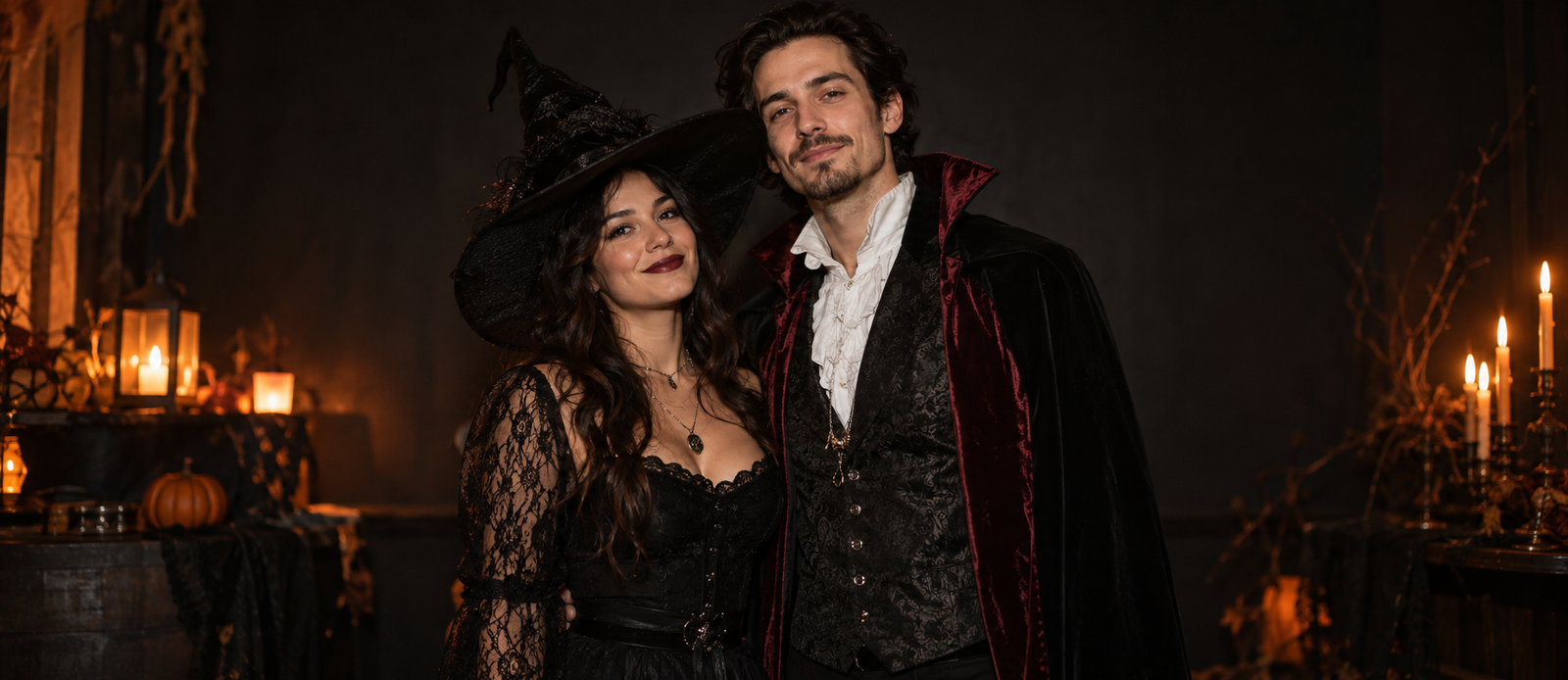 Couple dressed as a witch and vampire at a Halloween event