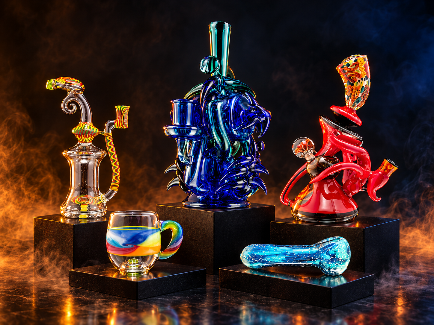 A curated collection of colorful handmade Elev8 glass artwork.