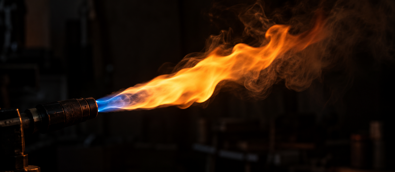 Orange torch flame against a dark workshop background
