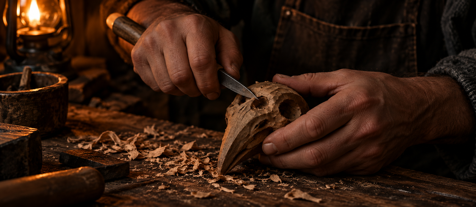Maker hands carving a wooden craft at a workbench