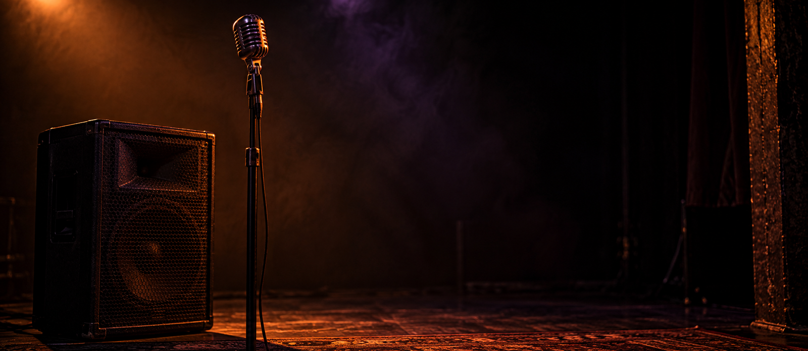 Vintage microphone and stage speaker under dark amber lighting