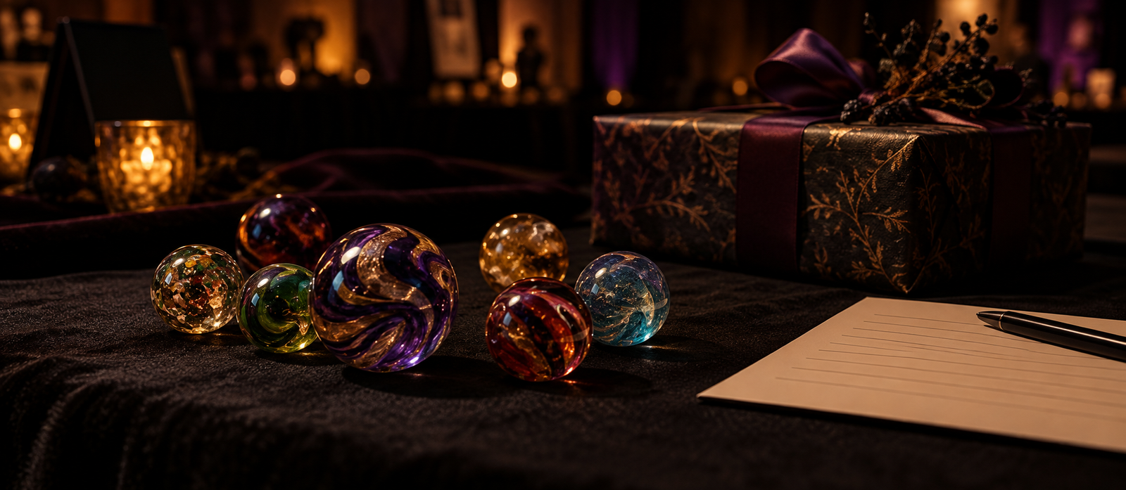 Handmade glass marbles beside a wrapped auction prize