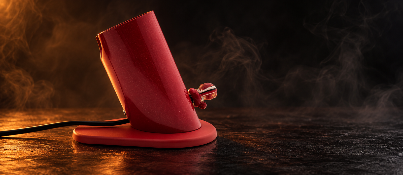 Red Silver Surfer desktop vaporizer against a dark smoky background